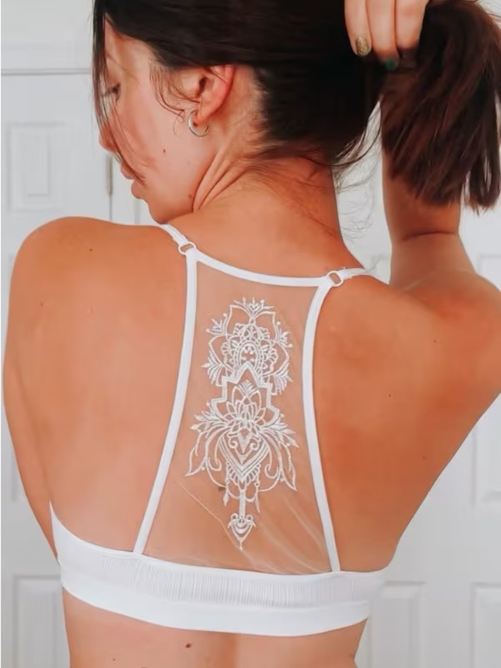 NWT Boho Festival Tattoo Floral Print Mesh Back Bra Bralette Brami Top White - Picture 7 of 10